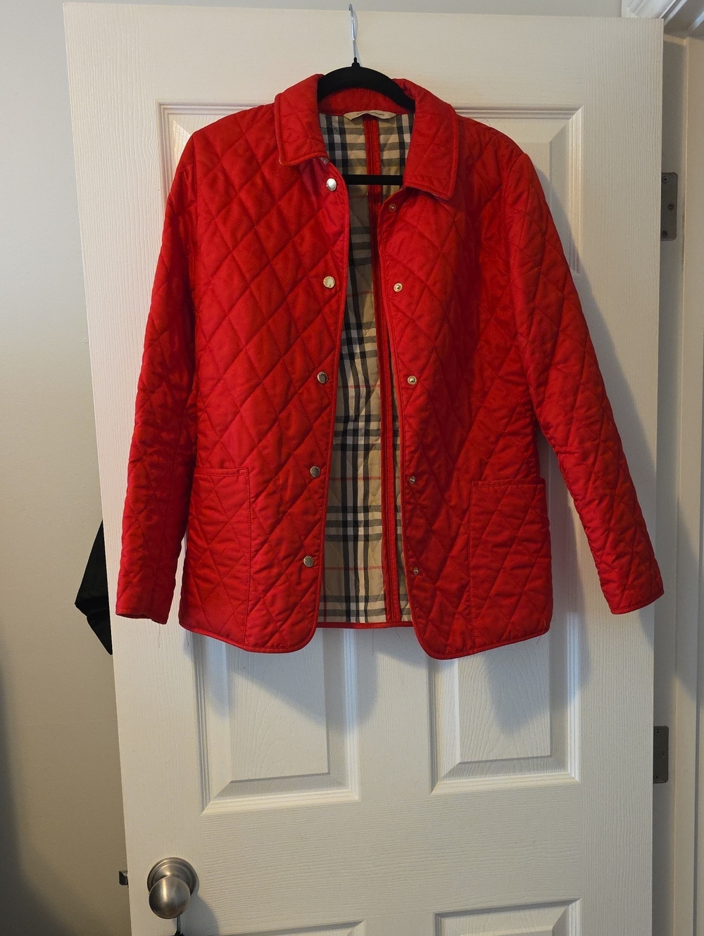 Burberry Red Quilted Diamond-Stitch Jacket with Signature Plaid Lining